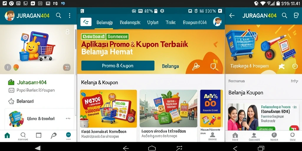 Screenshot antarmuka aplikasi JURAGAN404 menampilkan berbagai pilihan kupon dan promo.